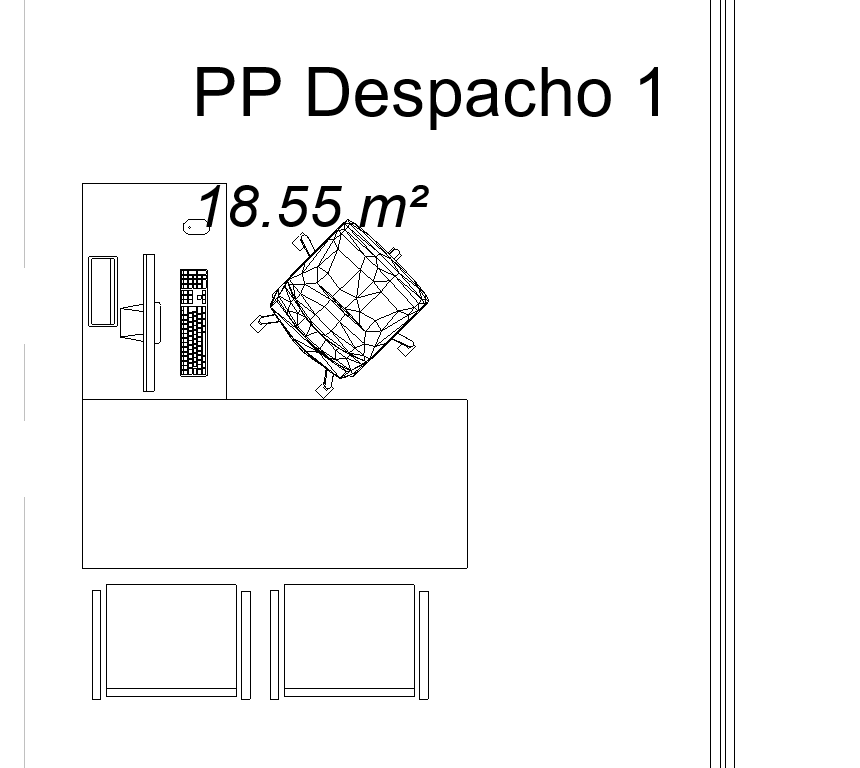 Captura de un plano de un despacho con una silla llena de polígonos