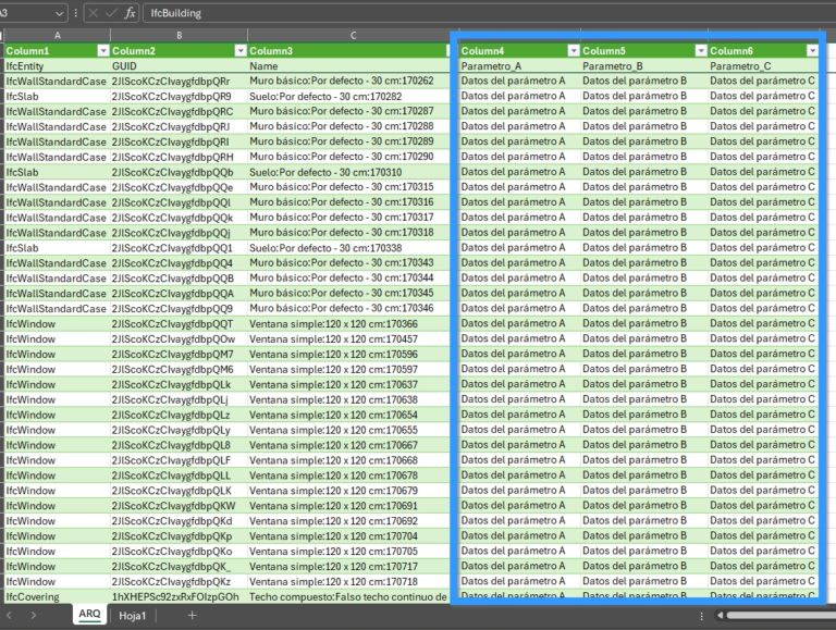 Datos tabulados en Excel a partir de modelos IFC.