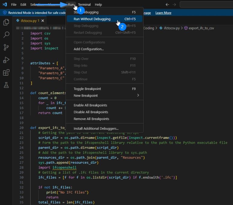 Ejecución del script en "Visual Studio Code" para exportar IFC a Excel.