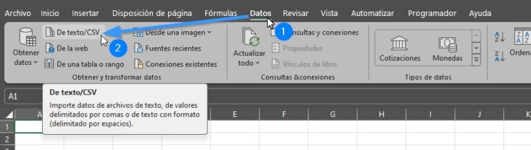 Acceso a la herramienta de importación de datos CSV en Excel.